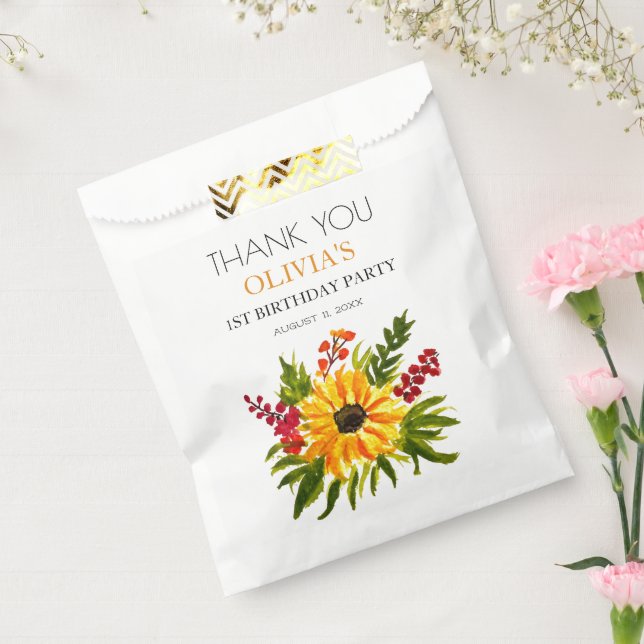 1st First Birthday Party Sunflower Baby Girl Favour Bags (Sealed)