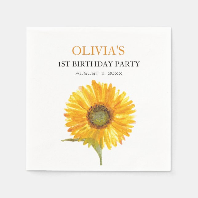 1st First Birthday Party Sunflower Baby Girl Napkin (Front)