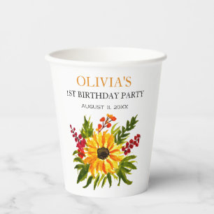 1st First Birthday Party Sunflower Baby Girl Paper Cups