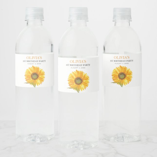 1st First Birthday Party Sunflower Baby Girl Water Bottle Label (Bottles)