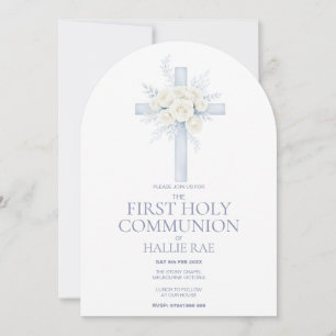 1st First Holy Communion, Blue Floral Cross Arched Invitation
