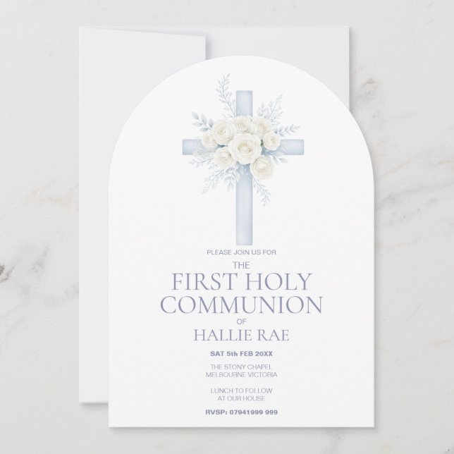 1st First Holy Communion, Blue Floral Cross Arched Invitation (Front)