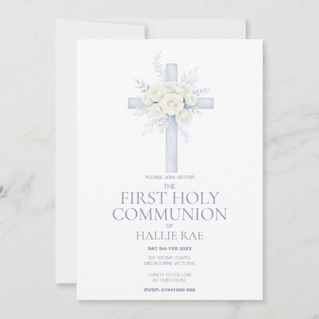 1st First Holy Communion Invite, Blue Floral Cross Invitation (Front)
