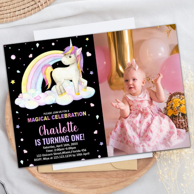1st Floral Black Photo Unicorn Birthday Invitation (1st Floral Black Photo Unicorn Birthday Invitation)