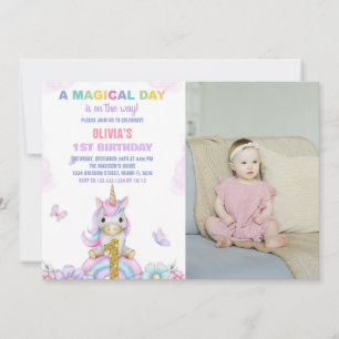 1st Floral Unicorn Birthday Invitations with photo
