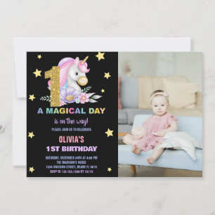 1st Floral Unicorn Birthday Invitations with Photo