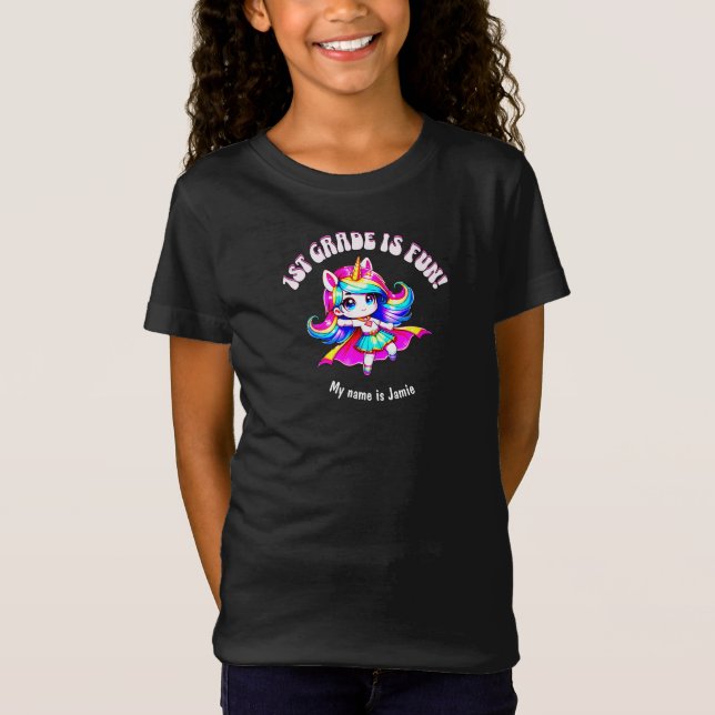 1st grade anime unicorn girl quote black pink T-Shirt (Front)