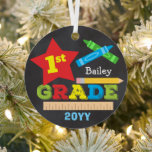 1st Grade First Grade Keepsake Chalkboard Colourfu Metal Tree Decoration<br><div class="desc">This first grade ornament features a star, a ruler, a pencil, crayons and bold, colourful fun typography! Click the customise button for more options for modifying the text! Variations of this design, additional colours, as well as coordinating products are available in our shop, zazzle.com/store/doodlelulu. Contact us if you need this...</div>