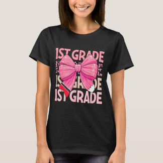 1st Grade Girl Dot Coquette Pencil Bow Pink Leopar T-Shirt