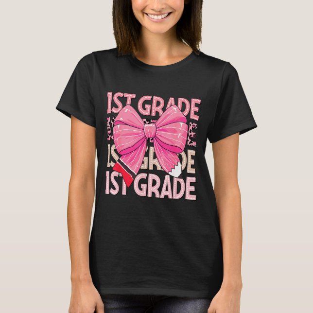 1st Grade Girl Dot Coquette Pencil Bow Pink Leopar T-Shirt (Front)