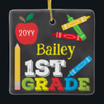 1st Grade Keepsake Chalkboard Colourful Kids Photo Ceramic Ornament<br><div class="desc">1st Grade photo ornament design features an apple, a ruler, crayons and bold, colourful fun typography! Click the customise button for more options for modifying the text! Variations of this design, additional colours, as well as coordinating products are available in our shop, zazzle.com/store/doodlelulu. Contact us if you need this design...</div>