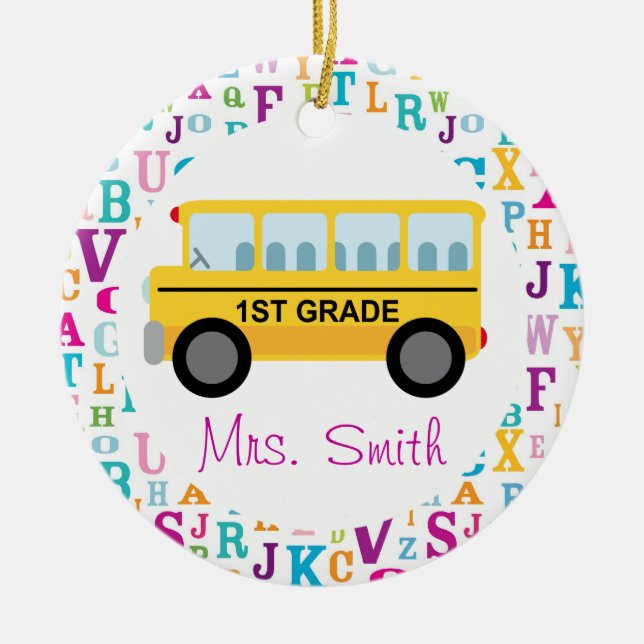 1st Grade Personalised School Bus Teacher Ornament (Front)