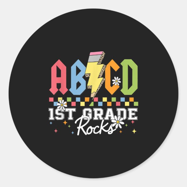 1st Grade Rocks ABCD Back To School Funny Rock Tea Classic Round Sticker (Front)