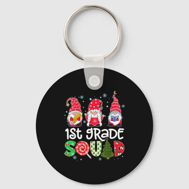 1st Grade Squad Gnome Teacher Christmas Ne Buffalo Key Ring (Front)