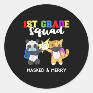 1st Grade Squad Quarantine Panda Kitty Funny Mask Classic Round Sticker
