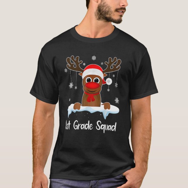 1st Grade Squad Xmas Reindeer Santa Hat Christmas  T-Shirt (Front)