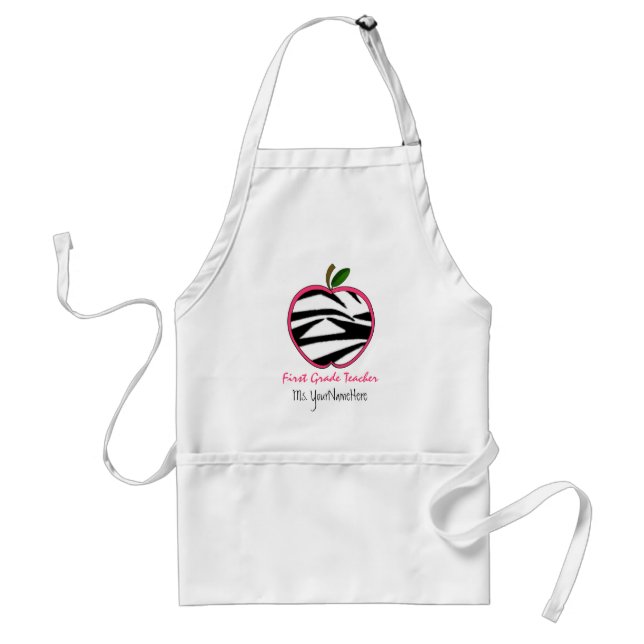 1st Grade Teacher Apron -  Zebra Print Apple (Front)