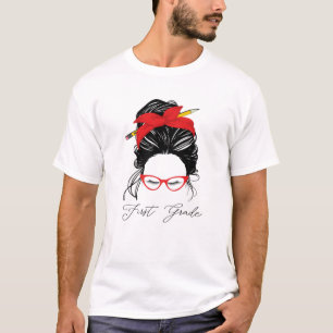 1St Grade Teacher Back To School Messy Bun Women 2 T-Shirt