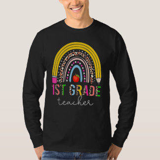 1st Grade Teacher Cute Rainbow Pencil Leopard Back T-Shirt