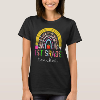 1st Grade Teacher Cute Rainbow Pencil Leopard Back T-Shirt