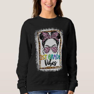 1st Grade Vibes Messy Bun Girls Kids Leopard Back  Sweatshirt