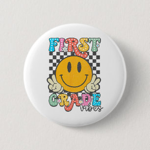 1st Grade Vibes Retro Smile Face Teacher Kids Back 6 Cm Round Badge