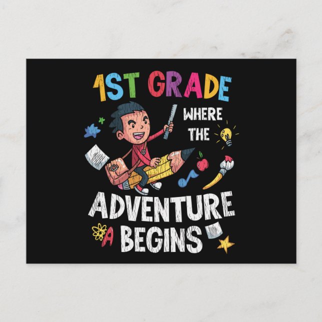 1st Grade Where Adventure Begins Back to School Postcard (Front)
