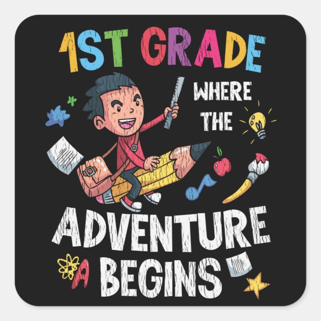 1st Grade Where Adventure Begins Back to School Square Sticker (Front)