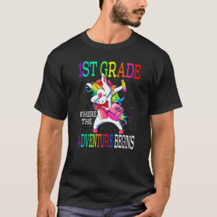 1st Grade Where The Adventure Begins Unicorn Back T-Shirt