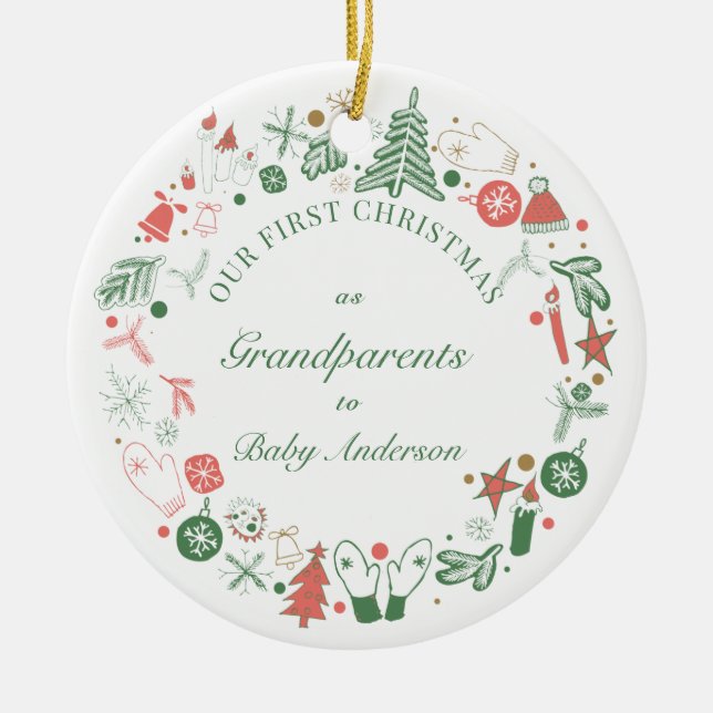 1st Grandparents Christmas Hat Tree Gloves Pattern Ceramic Tree Decoration (Front)