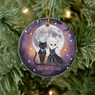 1st Halloween Engaged Cat Owl with Name Ceramic Tree Decoration