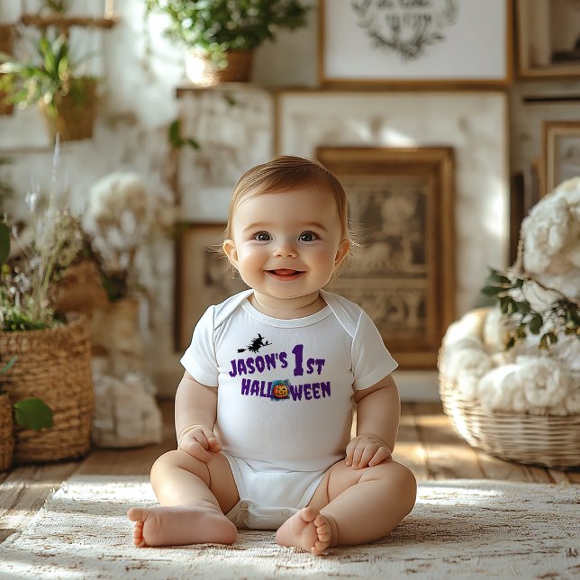 1st Halloween Pumpkin purple typography witch Baby Bodysuit (Creator Uploaded)