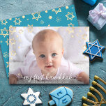 1st Hanukkah Baby Photo Script Gold Star of David Holiday Card<br><div class="desc">“My First Hanukkah.” A playful visual of champagne gold snowflakes, Stars of David and handwritten script typography, overlaying the photo of your choice, help you usher in Hanukkah and New Year. On the back, additional faux champagne gold snowflakes overlay a soft, turquoise blue background. Feel the warmth and joy of...</div>