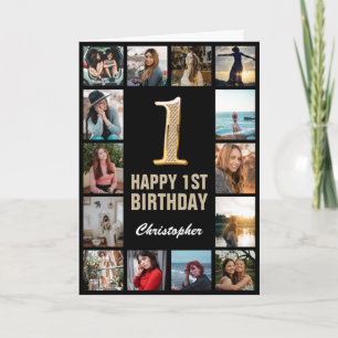 1st Happy Birthday Black and Gold Photo Collage Card