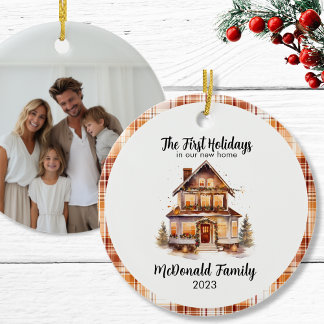 1st Holidays New House Orange Brown Gingham Boho Ceramic Tree Decoration