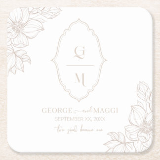 1st Letters Bride, Groom With Magnolia Line Art Square Paper Coaster