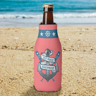 1st Mate Anchor Nautical Oars Coral Pink   Custom Bottle Cooler