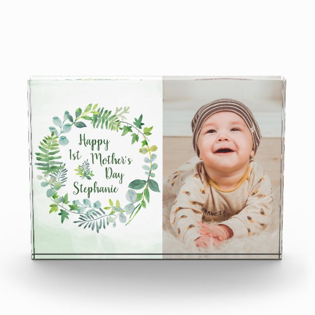 1st Mother's Day Greenery Wreath Personalised Photo Block (Front)