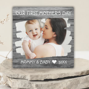 1st Mothers Day Mum Baby Photo Keepsake Grey Wood Plaque