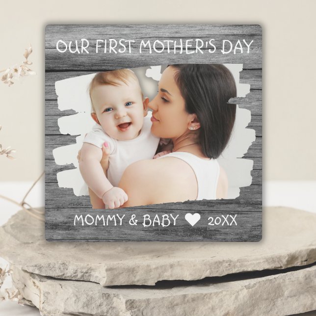 1st Mothers Day Mum Baby Photo Keepsake Grey Wood Plaque (Creator Uploaded)