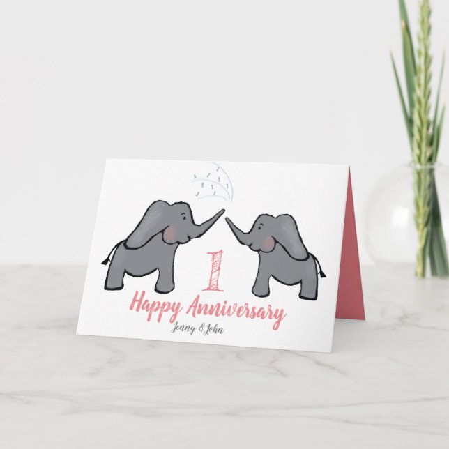1st paper wedding anniversary cute elephant card (Front)