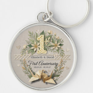 1st Paper Wedding Anniversary Floral Cranes Couple Key Ring