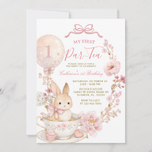 1st Par-Tea Bunny First Birthday Party Girl  Invitation