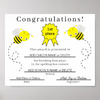 1st Place Spelling Bee Certificate for Kids