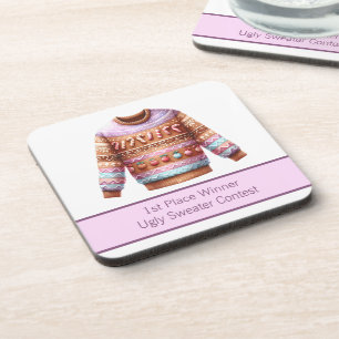 1st Place Winner Ugly Sweater Contest Pink Purple Coaster