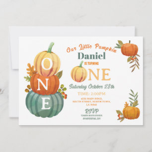 1st Pumpkin Birthday Harvest Party Boys Blue  Invitation