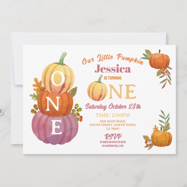 1st Pumpkin Birthday Harvest Party Pink Girls  Invitation (Front)