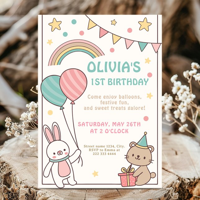 1st Rainbow Bunny Birthday Celebration Invitation (Creator Uploaded)