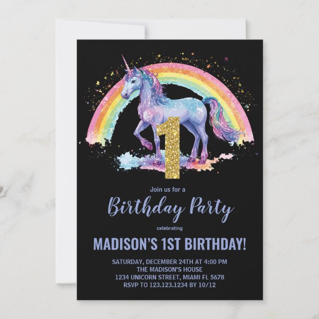 1st Rainbow Unicorn Birthday Invitations (Front)