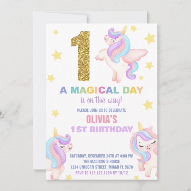 1st Rainbow Unicorn Birthday Invitations Fly (Front)